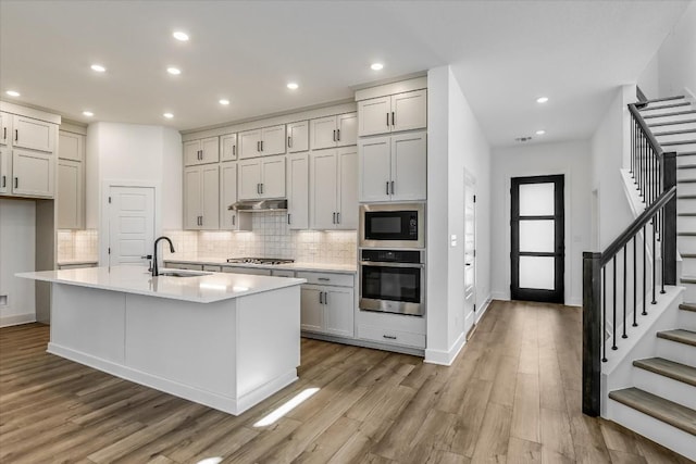 kitchen with tasteful backsplash, appliances with stainless steel finishes, sink, and a kitchen island with sink