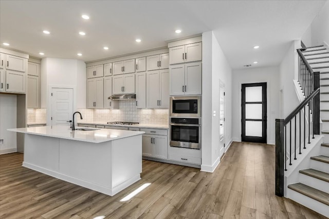 1349 S Brook Dr, Leander, TX 78641 - kitchen featuring stainless steel appliances, a sink, light wood-type flooring, tasteful backsplash, and light countertops