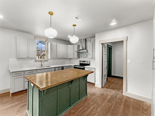 kitchen with appliances with stainless steel finishes, wood counters, sink, a center island, and wall chimney range hood