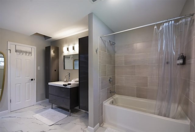 bathroom featuring shower / bath combination with curtain and vanity