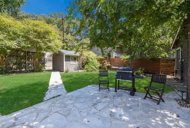 view of patio with a shed