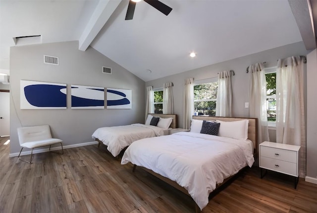 bedroom featuring dark wood-type flooring, ceiling fan, and vaulted ceiling with beams