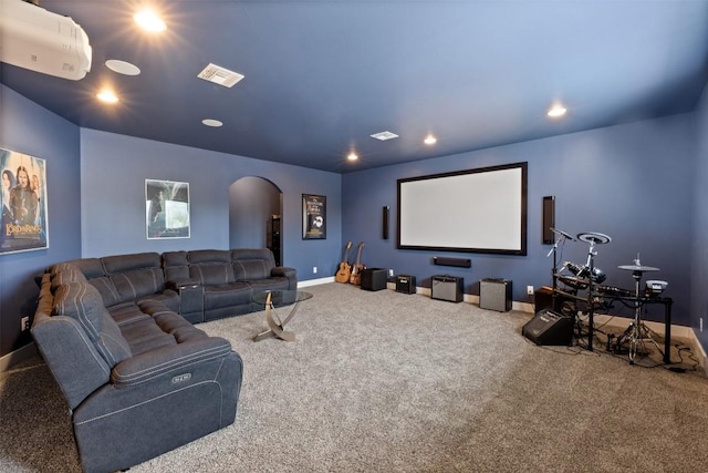 home theater featuring carpet