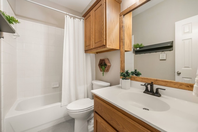 full bathroom with vanity, tile patterned floors, toilet, and shower / bath combo with shower curtain