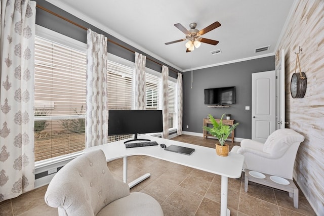 tiled office featuring baseboards, a ceiling fan, visible vents, and crown molding