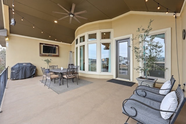 view of patio / terrace with ceiling fan, outdoor dining area, and area for grilling