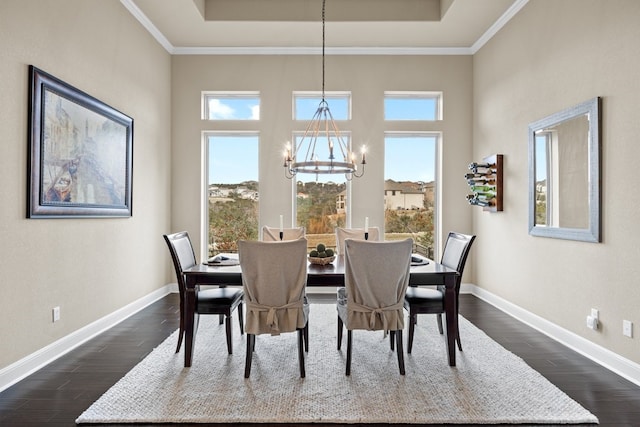 dining room featuring baseboards, a tray ceiling, and dark wood finished floors