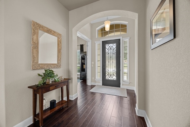 foyer entrance featuring baseboards and dark wood-style flooring