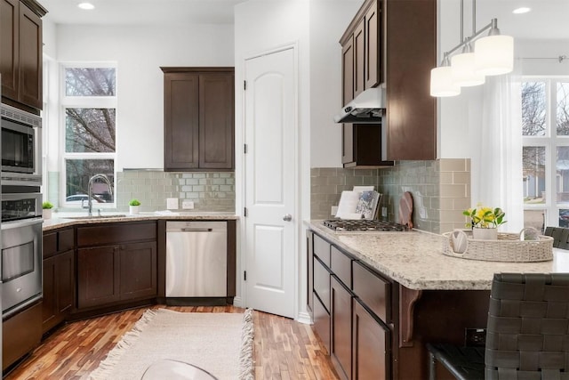 kitchen featuring dark brown cabinetry, sink, hanging light fixtures, light wood-type flooring, and appliances with stainless steel finishes