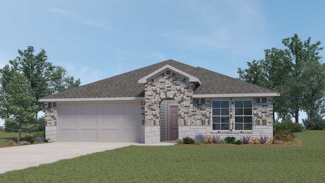 view of front of home with a garage and a front lawn