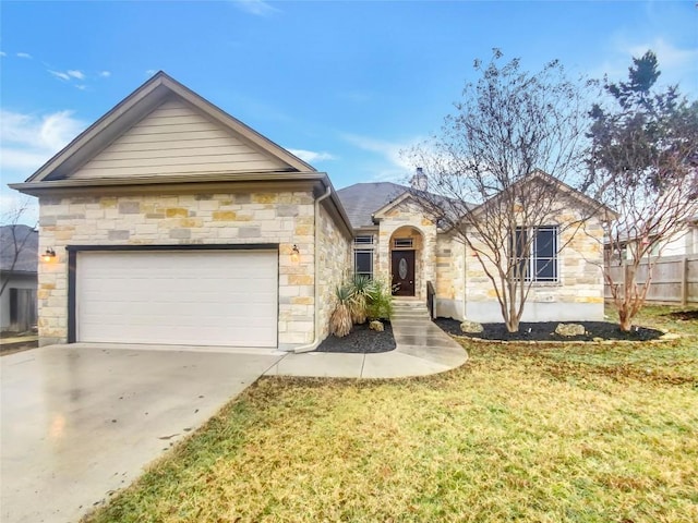 single story home featuring a garage and a front lawn