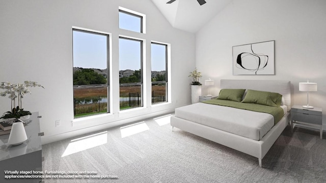 312 Leaning Rock Rdg, Austin, TX 78737 - bedroom featuring carpet flooring, a ceiling fan, and high vaulted ceiling