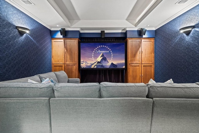 home theater room with crown molding