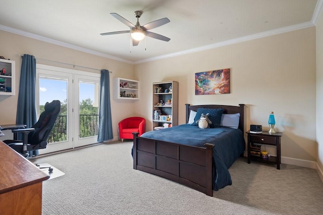 bedroom featuring crown molding, ceiling fan, access to exterior, and carpet floors