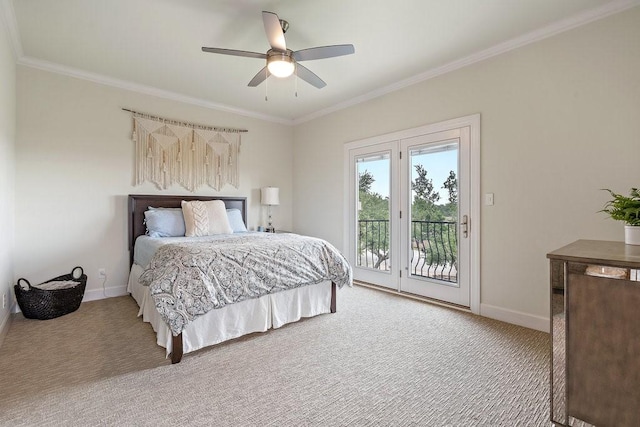 bedroom with carpet floors, ornamental molding, ceiling fan, and access to outside