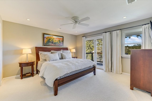 carpeted bedroom with ceiling fan and access to outside