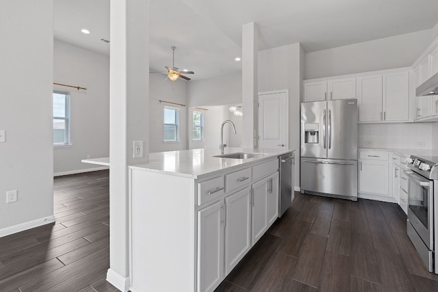 kitchen with sink, ceiling fan, stainless steel appliances, dark hardwood / wood-style floors, and white cabinets