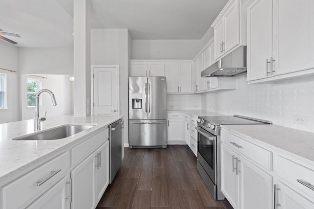 kitchen with sink, stainless steel appliances, light stone counters, white cabinets, and dark hardwood / wood-style flooring