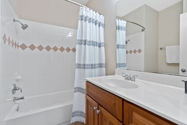 bathroom with vanity and shower / bath combo with shower curtain