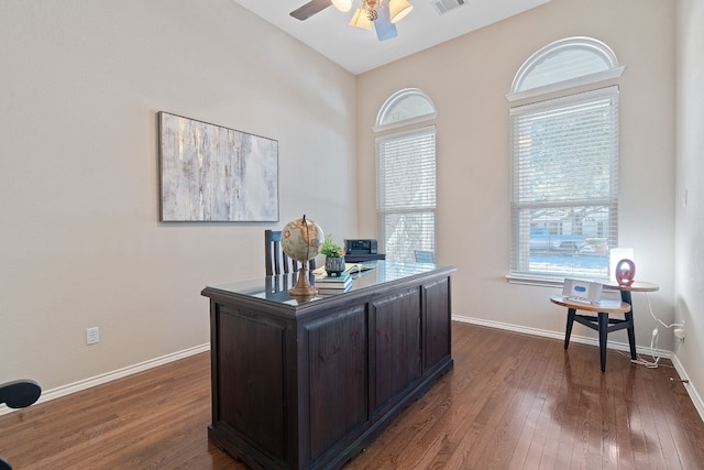 office featuring dark wood-type flooring and ceiling fan