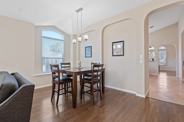 dining room with a healthy amount of sunlight, lofted ceiling, and dark hardwood / wood-style flooring