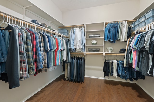 spacious closet with dark hardwood / wood-style flooring