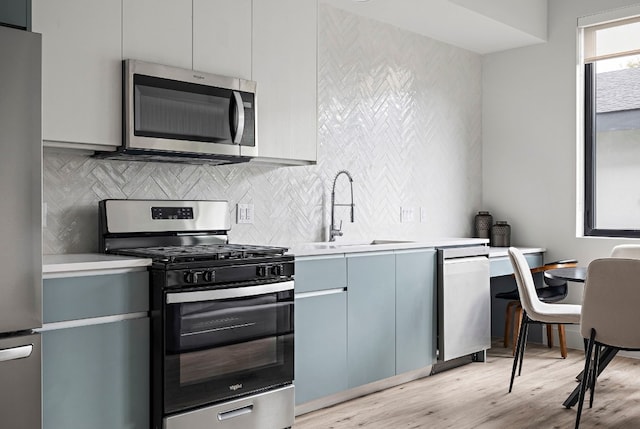 kitchen featuring sink, backsplash, stainless steel appliances, and light wood-type flooring