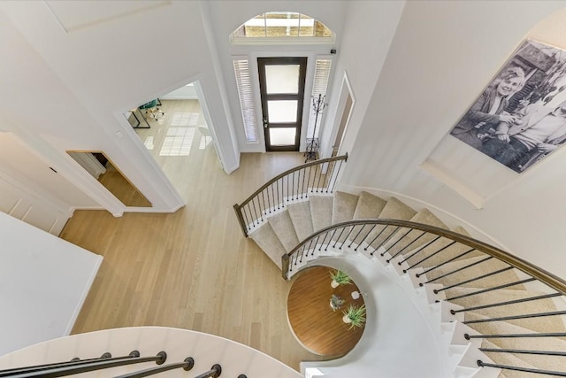 stairway with hardwood / wood-style flooring