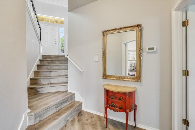 stairway with hardwood / wood-style floors