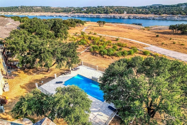 drone / aerial view featuring a water view