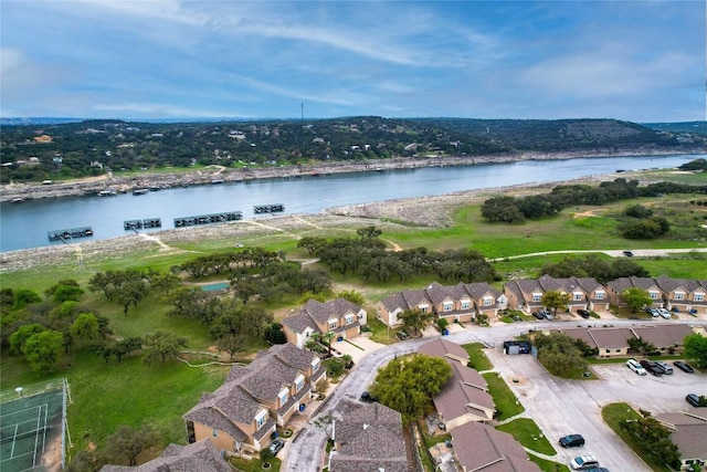 aerial view featuring a water view