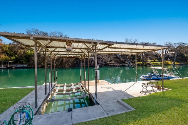 view of dock featuring a water view and a lawn