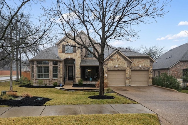 french country inspired facade featuring a garage and a front lawn