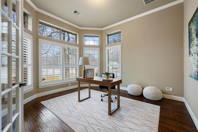 office area with ornamental molding, wood-type flooring, and french doors