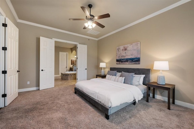 bedroom with crown molding, carpet floors, ensuite bathroom, and ceiling fan