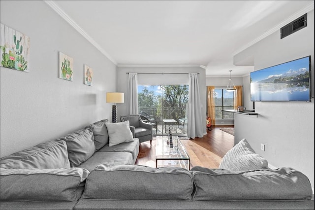 living room with crown molding and wood-type flooring