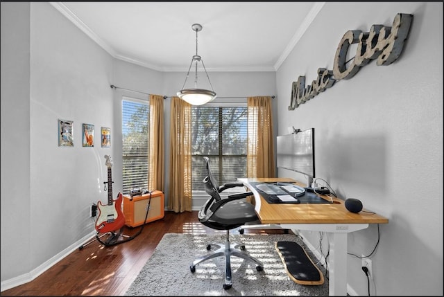 office featuring ornamental molding and dark wood-type flooring