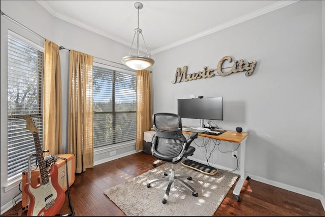 office area with ornamental molding and dark wood-type flooring