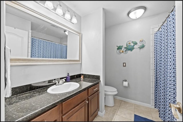 bathroom with walk in shower, vanity, toilet, and tile patterned flooring