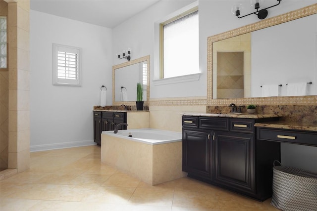 2520 Ionian Cv, Austin, TX 78730 - full bathroom featuring a bath, vanity, tile patterned floors, and decorative backsplash