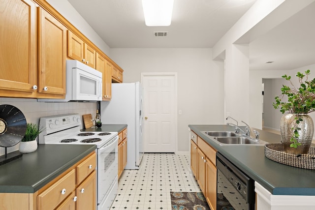 kitchen with a sink, visible vents, white appliances, and dark countertops