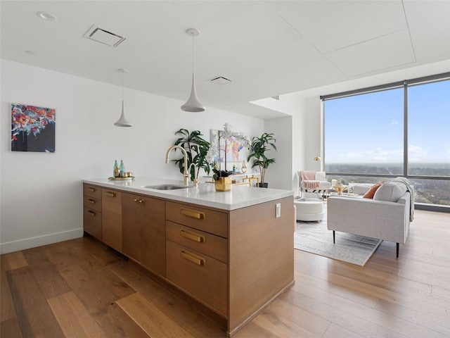 kitchen with sink, decorative light fixtures, a wall of windows, and hardwood / wood-style floors