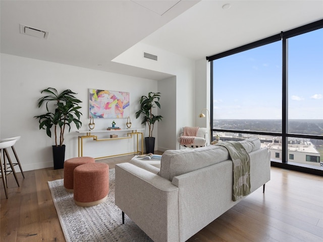 living room featuring wood-type flooring and expansive windows