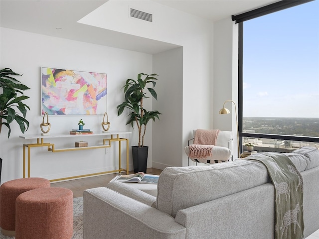 70 Rainey St Unit 1705, Austin, TX 78701 - living room featuring wood finished floors, healthy amount of natural light, expansive windows, and baseboards
