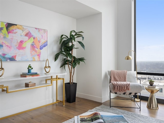 living area with hardwood / wood-style flooring