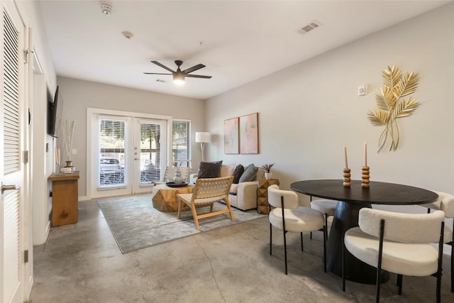 living room with french doors and ceiling fan