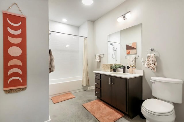 full bathroom featuring vanity, concrete floors, shower / bath combination with curtain, and toilet