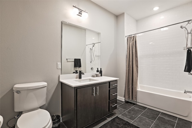 full bathroom with shower / bath combination with curtain, tile patterned flooring, vanity, and toilet