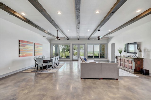 living room with beamed ceiling and ceiling fan