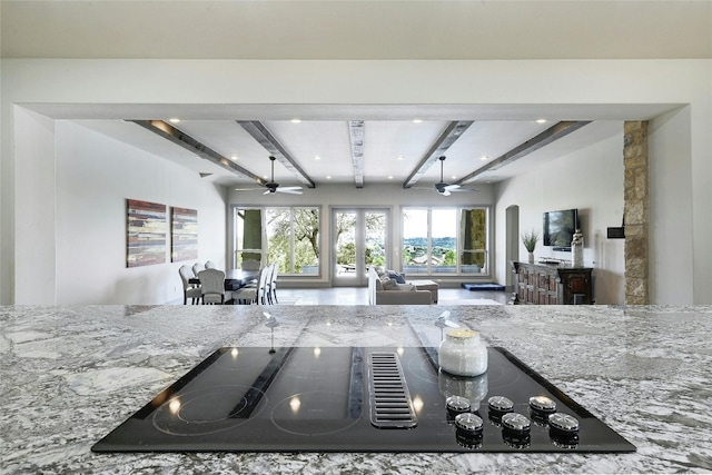 kitchen with black electric stovetop, light stone countertops, and plenty of natural light